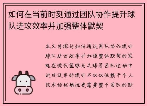 如何在当前时刻通过团队协作提升球队进攻效率并加强整体默契
